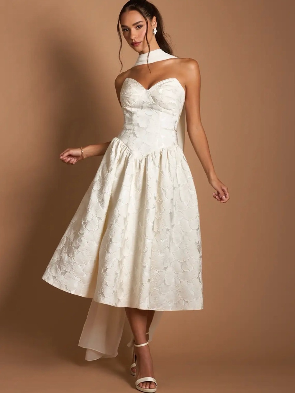 Azazie Ivory Floral Jacquard Midi Dress